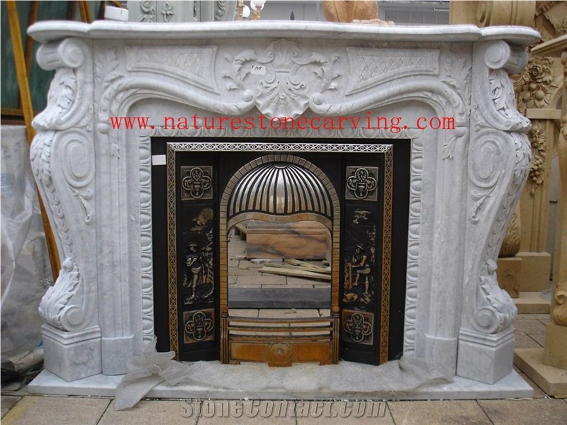 Mantel Fireplace Stone,White Marble Fireplace with Column Hand Carving Sculptured