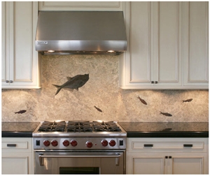 Honed Slab Backsplash with Fossils Prepared in Rel, Fossil Fish Murals Beige Limestone Backsplash