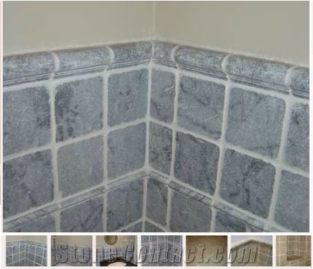 Tumbled Grey Marble Wall, Absolute Black Vanity to