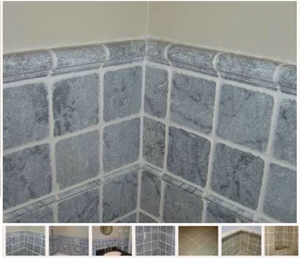 Tumbled Grey Marble Wall, Absolute Black Vanity to