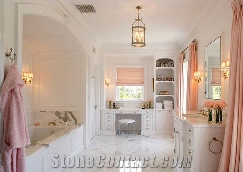 Bathroom with White Marble, Bianco Carrara White Marble Bath Design