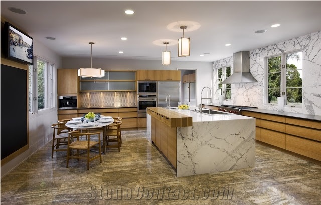 Silver Travertine and Carrara Marble Kitchen Desig, Silver Grey Travertine Kitchen Design