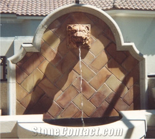 Lion Head Scupper View Wall Mounted Fountain, Naranja Beige Sandstone Wall Mounted Fountain