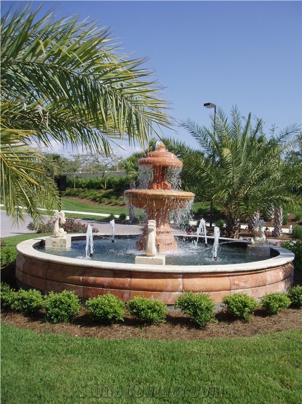 Mediterra Fountain in Uxmal and Coquina Shellstone, Uxmal ,Coquina Shellstone Pink Limestone Fountain