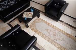 Helios Mosaic Carpet Floor Medallion, Afyon Honey Yellow Marble Floor Medallion