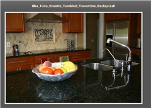 Uba Tuba Granite Countertop, Travertine Backsplash, Verde Ubatuba Green Granite Backsplash