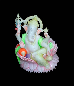 Marble Carved Lotus Ganesh (Indian God), Banswara White Marble Artifacts, Handcrafts