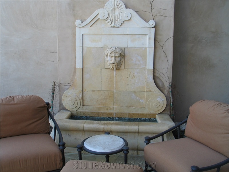 Cedar Hill Limestone Wall Mounted Fountain, Cedar Hill Cream Beige Limestone Wall Mounted Fountain