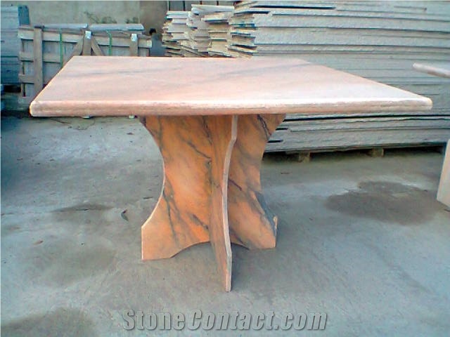 Chinese Stone Tea Table, Sunset Glow Red Pink Marble Tea Table
