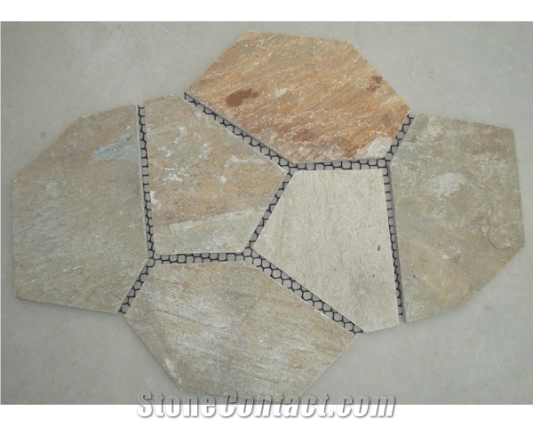 Yellow Golden Slate Meshed Flagstone, Hebei Yellow Slate Flagstone