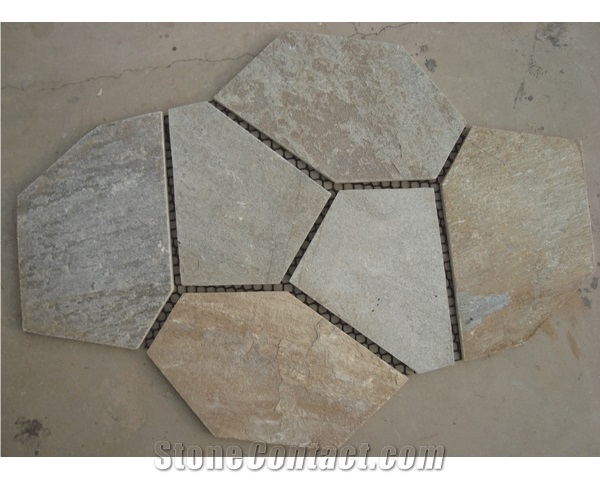 Yellow Golden Slate Meshed Flagstone, Hebei Yellow Slate Flagstone
