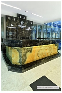 Nero Portoro Gold, Golden Brown Onyx Receprtion Co, Portoro Gold Black Marble Kitchen Countertops