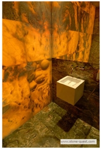 Translucent Onyx Wall and Green Onyx Floor Bathroo, Dark Green Onyx Bath Design