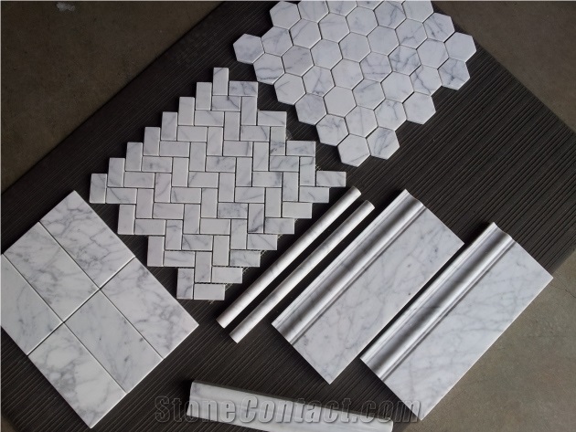 Bianco Carrara Herringbone Mosaic Tile, Bianco Carrara White Marble Mosaic