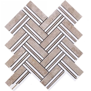 Coffee Travertine&White Thassos Marble Mosaic, Brown Travertine Mosaic
