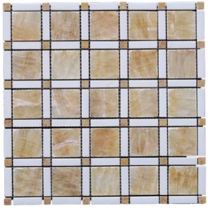 Honey Onyx + White Thassos Marble Mosaic Tile, Honey Yellow Onyx Mosaic