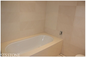 Crema L Bathroom, Beige Limestone Bath Design