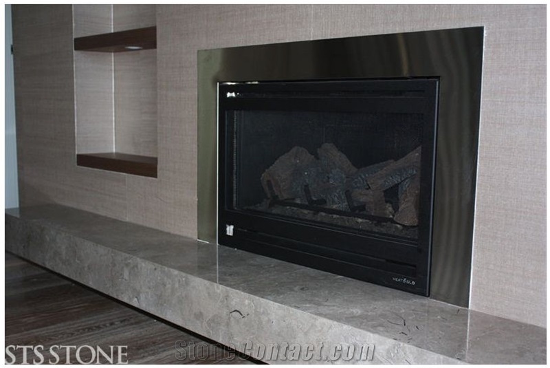 V Grey Fireplace Deck, Grey Limestone Fireplace