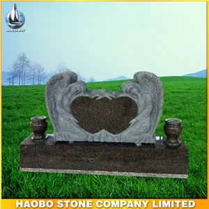 Double Angels Holding Double Hearts Western Style Granite Tombstone, Indian Aurora, Multicolor Red Granite Cemetery Monuments