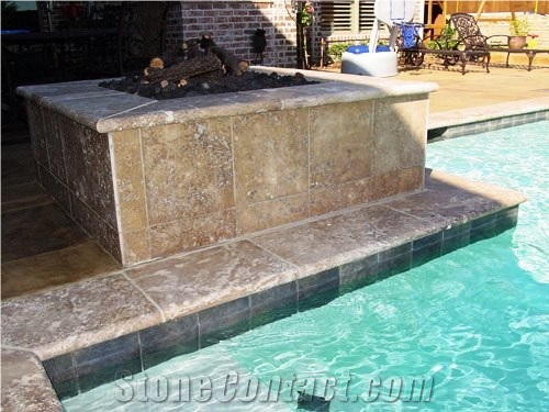 Noce Honed and Filled Coping with Noce Deck Tile, Noce Brown Travertine Pool Coping
