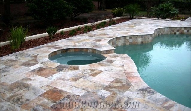 Travertine French Pattern Tumbled Pavers, Scabas Travertine Pool Coping