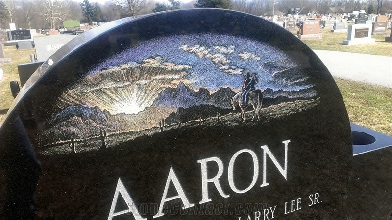 Black Tombstone Hand Diamond Etching, Absolute Black Granite Tombstone