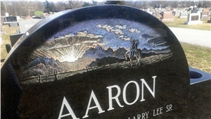 Black Tombstone Hand Diamond Etching, Absolute Black Granite Tombstone