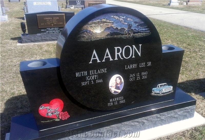 Black Tombstone Hand Diamond Etching, Absolute Black Granite Tombstone