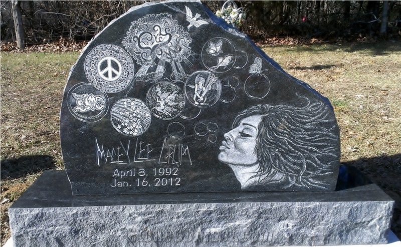 Black Tombstone Hand Diamond Etching, Absolute Black Granite Tombstone