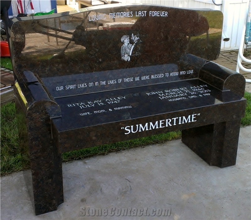 Hand Diamond Etched Granite Monument, Memorial Ben, Tan Brown Granite Urn, Vase, Bench