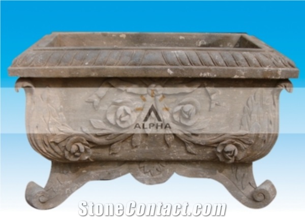 Antiqued Stone Flower Planter, Grey Blue Stone Planter