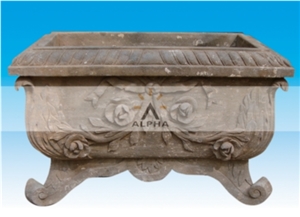Antiqued Stone Flower Planter, Grey Blue Stone Planter