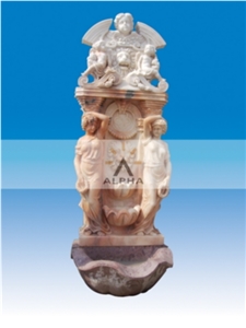 Handcarved Marble Wall Fountain, Sunset Red Pink Marble Wall Fountain