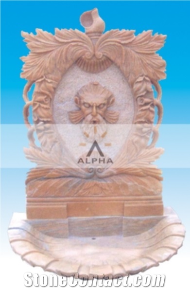 Handcarved Marble Wall Fountain, Sunset Red Pink Marble Wall Fountain