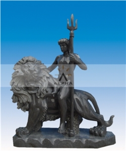 Riding A Lion Mighty Men Of Valour, Black Marble Sculpture, Statue