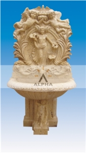 Travertine Carved Wall Fountain, Beige Travertine Wall Fountain