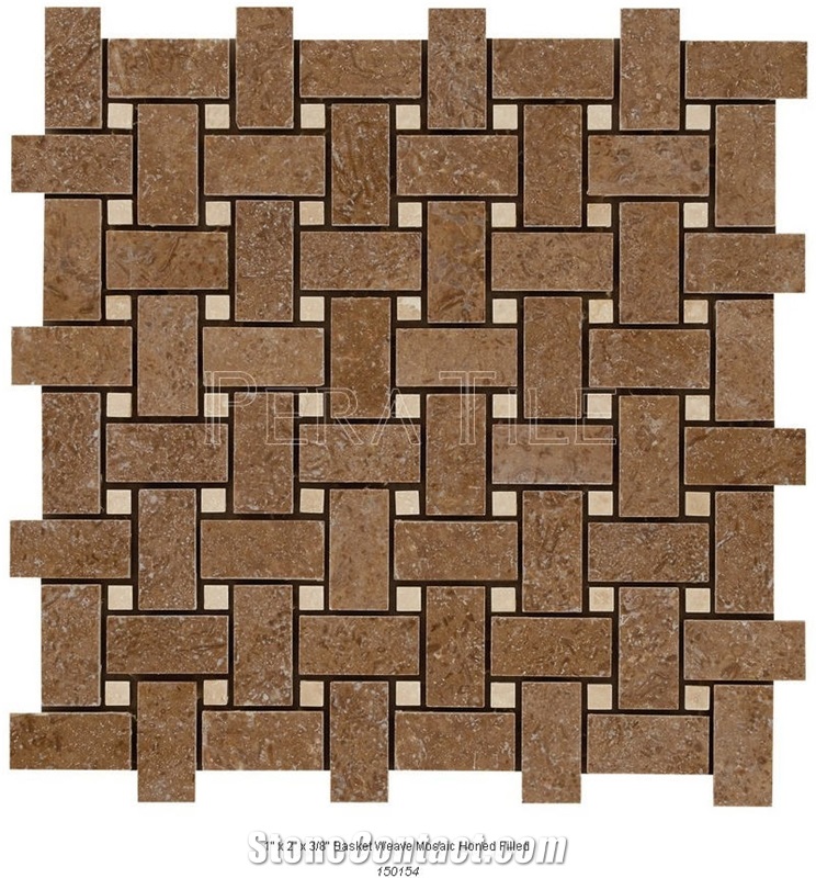 Noce Travertine Basket Weave Mosaic, Antalya Dark Brown Travertine Mosaic