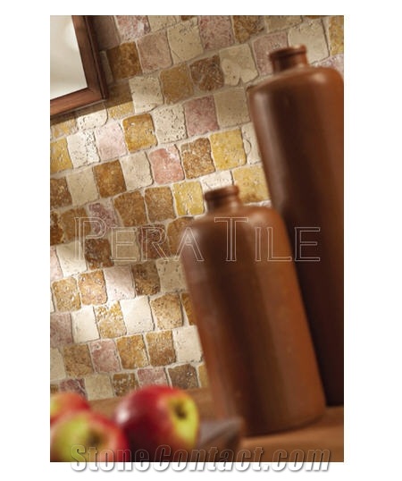 Red Travertine - Yellow Travertine Tumbled Wall Mo, Turkey Red Travertine Mosaic