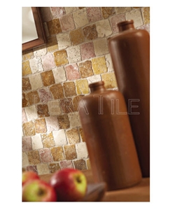 Red Travertine - Yellow Travertine Tumbled Wall Mo, Turkey Red Travertine Mosaic