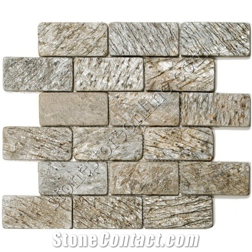 Gold Green Slate Brick Subway Staggered Pattern Mo, Deoli Green Slate Mosaic