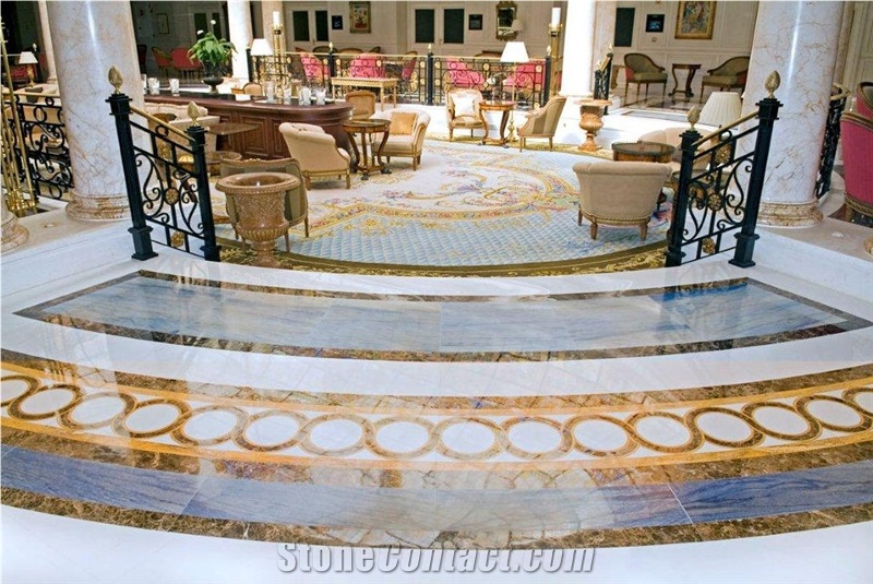 Azul Macaubas and Dark Emperador Floor Medallion, Azul Macaubas Blue Quartzite Floor Medallion