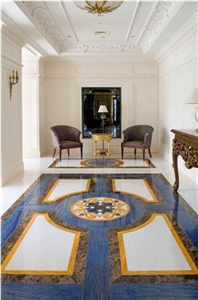 Azul Macaubas and Dark Emperador Floor Medallion, Azul Macaubas Blue Quartzite Floor Medallion