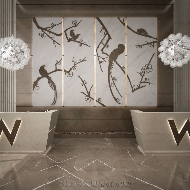 Inlaid Backlit White Marble Wall Panels, Covelano White Marble Wall Panels
