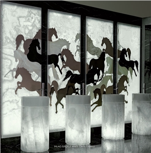 Inlaid Backlit White Onyx Wall Panels, Onice Bianco Avorio White Alabaster Wall Panels