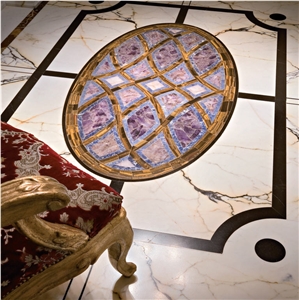 Semiprecious Stone with Inlayed Marble Medallion, Paonazetto Bianco White Marble Medallion Semiprecious Stone with Inlayed Marble Medallion, Paonazetto Bianco White Marble Medallion