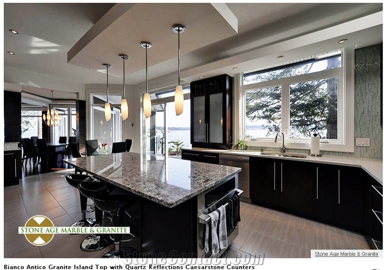 Bianco Antico Granite Island Top with Quartz Refle, Bianco Antico White Granite Kitchen Design