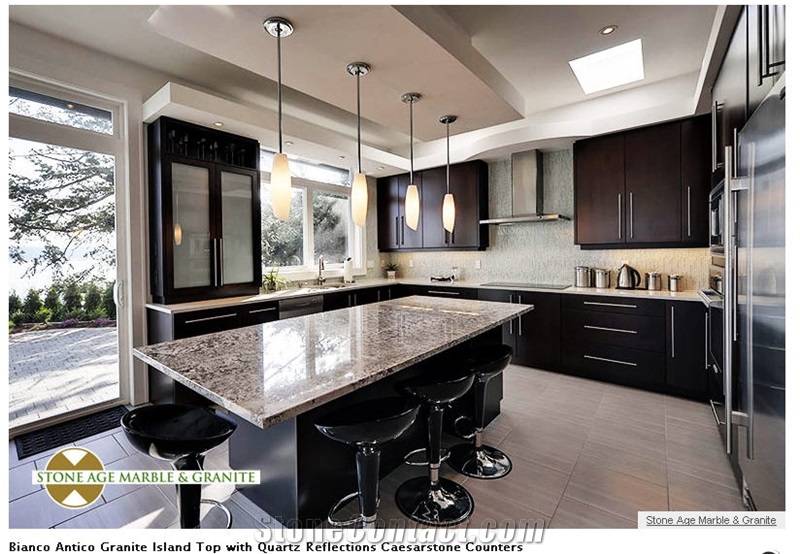 Bianco Antico Granite Island Top with Quartz Refle, Bianco Antico White Granite Kitchen Design