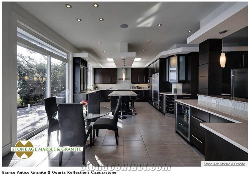 Bianco Antico Granite Island Top with Quartz Refle, Bianco Antico White Granite Kitchen Design