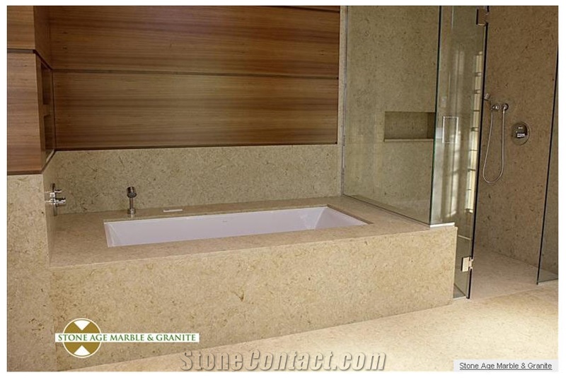 Fossil Limestone Bathroom, Bathtub Deck, Surround, Fossil Oro Beige Limestone Bath Design