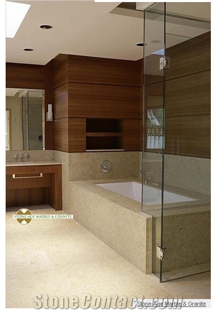Fossil Limestone Bathroom, Bathtub Deck, Surround, Fossil Oro Beige Limestone Bath Design